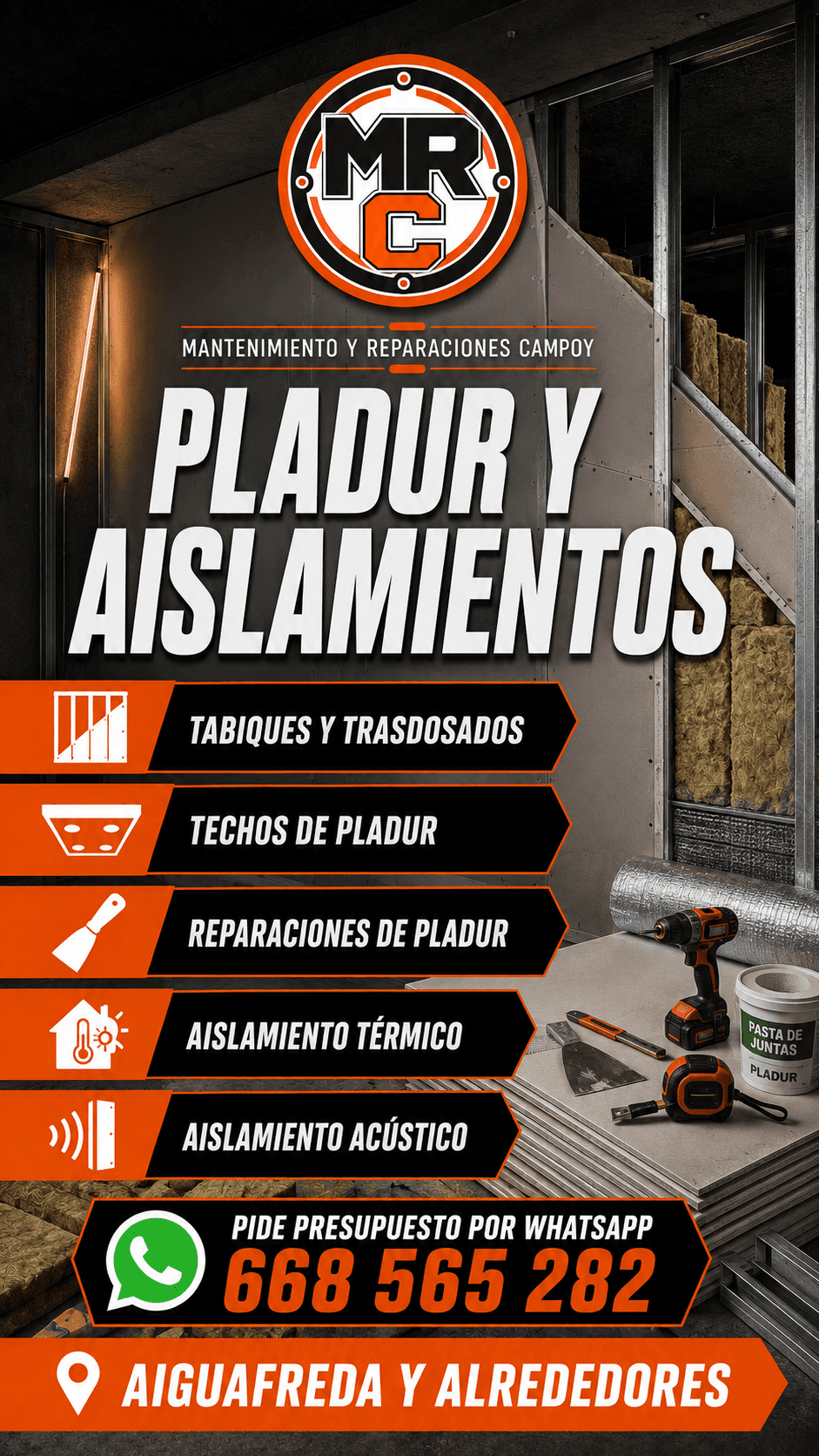 Herramientas y materiales para trabajos de pladur y aislamiento