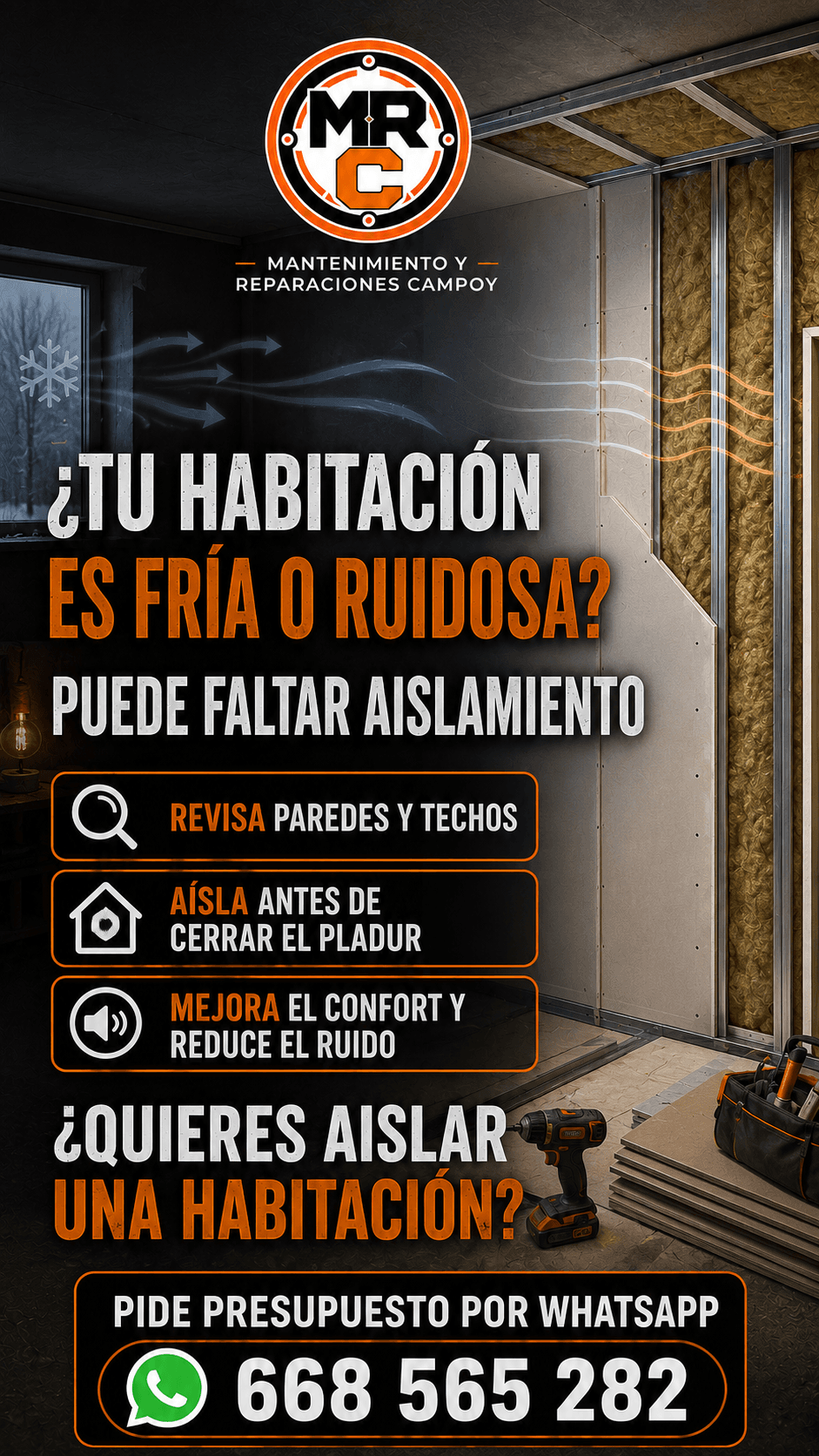 Cartel ilustrativo del servicio de pladur y aislamiento de MRC