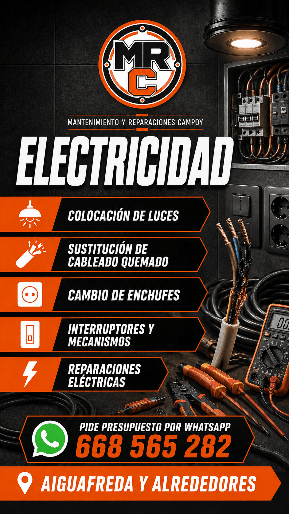 Herramientas y materiales para trabajos de electricidad e iluminación