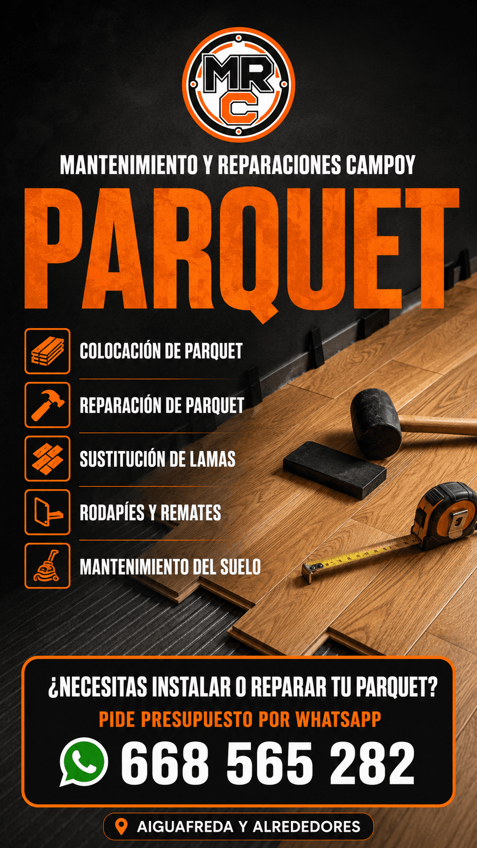 Herramientas y materiales para trabajos de parquet y suelos